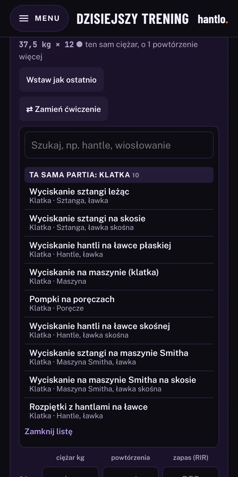 Ekran zamiany ćwiczenia: wyszukiwarka i lista ćwiczeń na klatkę z podanym sprzętem.
